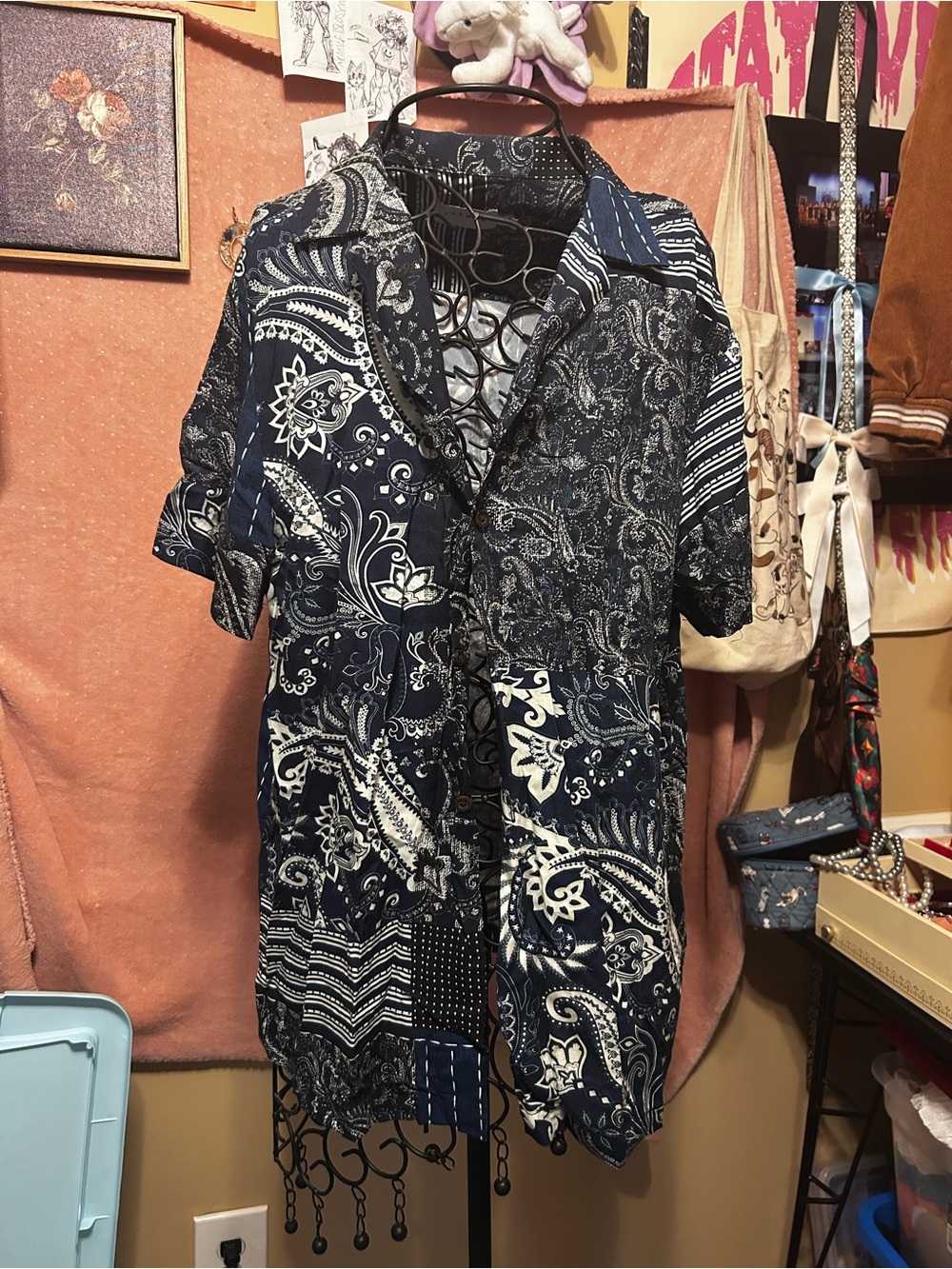 Topman Navy Paisley Patchwork Short-Sleeve Shirt Jacket